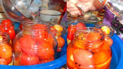 Заливаем помидоры маринадом и добавляем уксус
