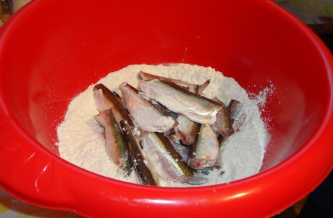 закидываем рыбу в муку с солью